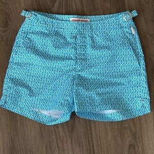 Orlebar Brown OB Classic Setter Swim Shorts – Teal/White Geo Print – Size 28